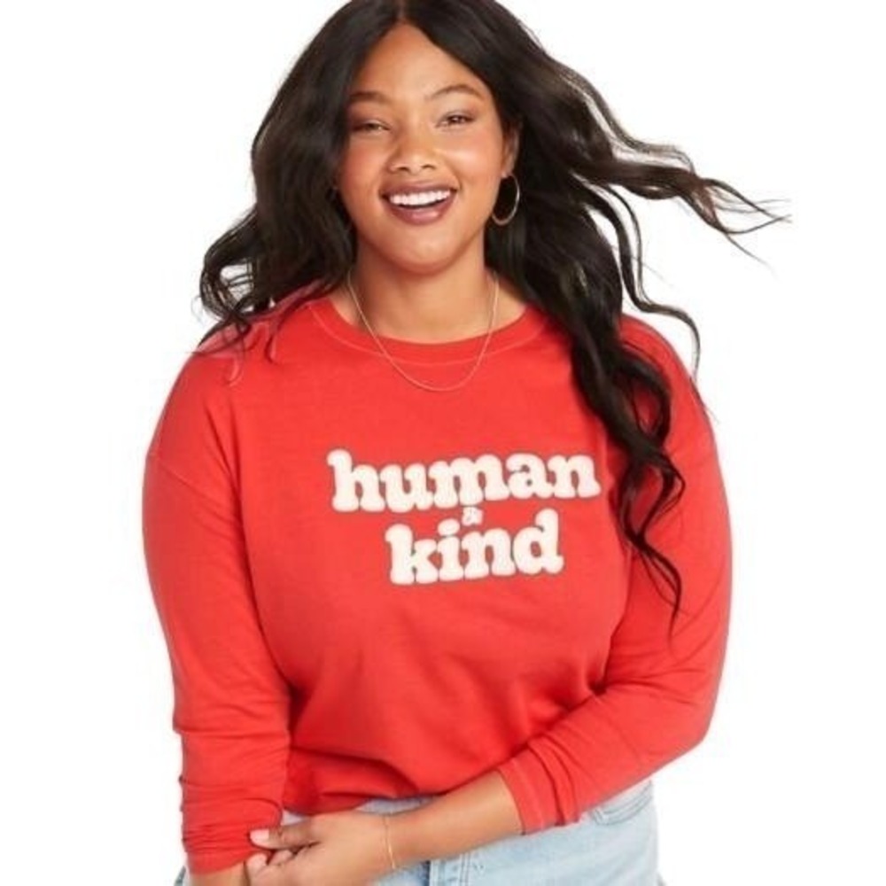 Old Navy Womens XL Red Human & Kind Graphic Long Sleeve Cotton T-Shirt Retro